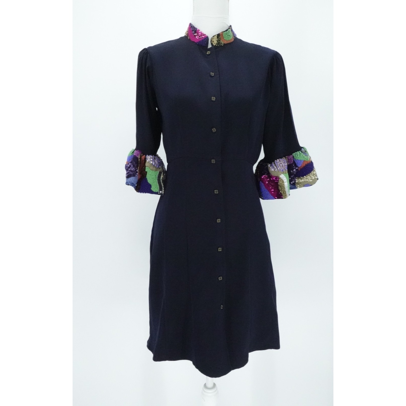 La Fuori Dress Womens M Navy Silk Sequin Trim Button Front Elegant Chic